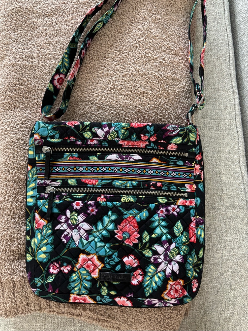 Vera Bradley Black Floral Quilted Crossbody with Teal & Pink Accents